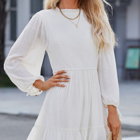 Smocked Balloon Sleeve Off-Shoulder Mini Dress